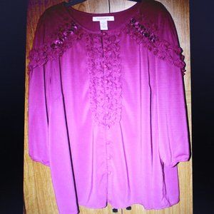 Roamans Ruffle Magenta Blouse Plus Sz 22W 3/4 Sleeve